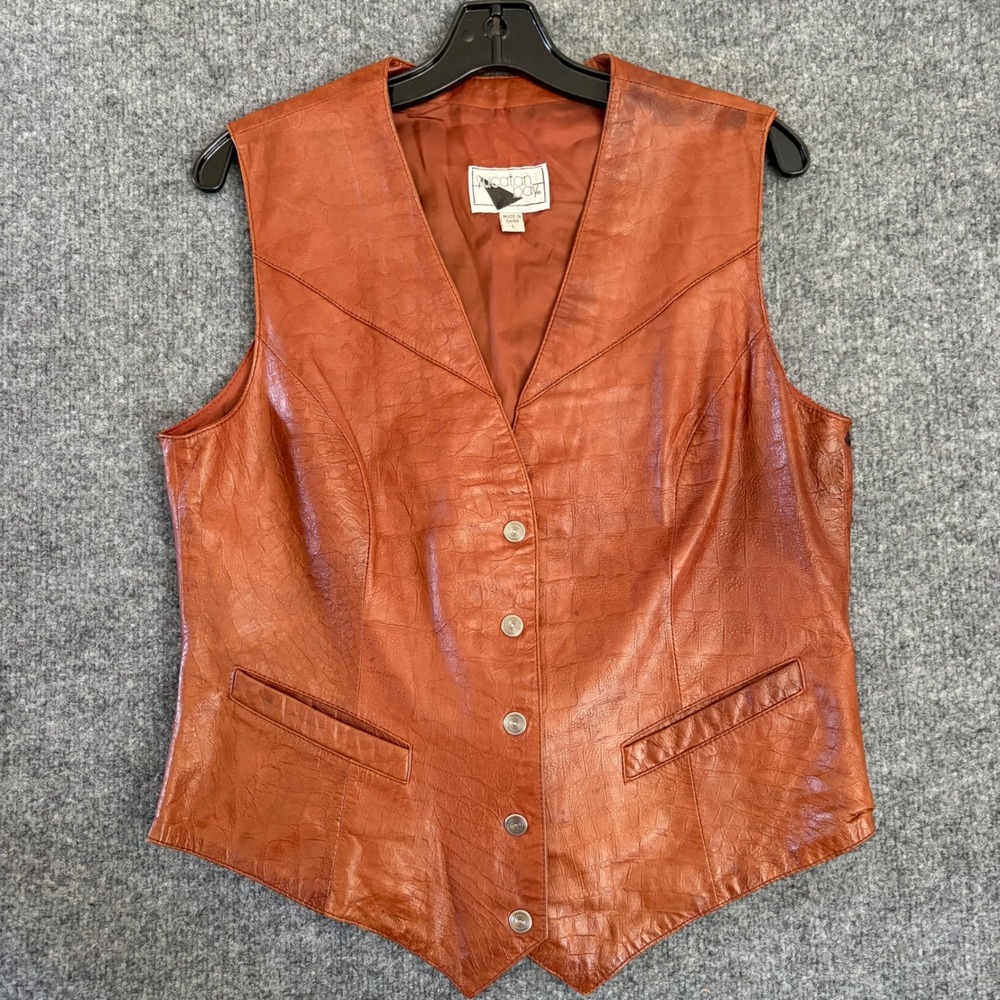 Yucatan Bay Leather Vest Womens L Cognac Brown Western Embossed Croc Vintage